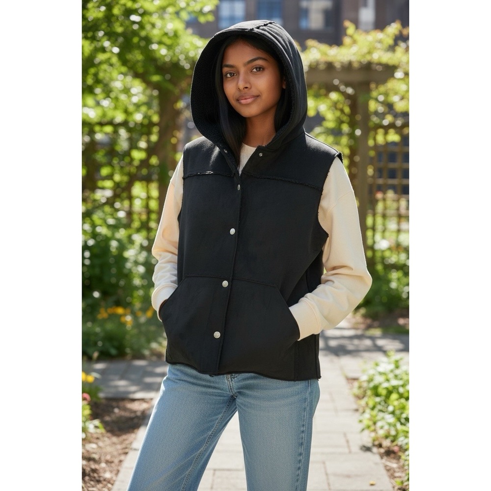 VTG  Lauren Ralph Lauren Vest Womens‎ XL Black Faux Suede Hooded Western Sherpa